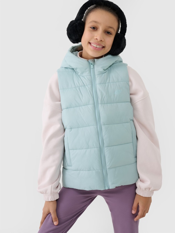 Dziewczęcy bezrękawnik puchowy pikowany 4F 4FJWSS25TVJAF166 - turkusowy