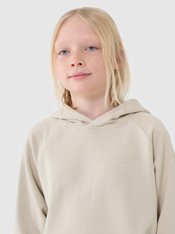 Chłopięca bluza dresowa nierozpinana z kapturem 4F 4FJWSS25TSWSM1712 - beżowa
