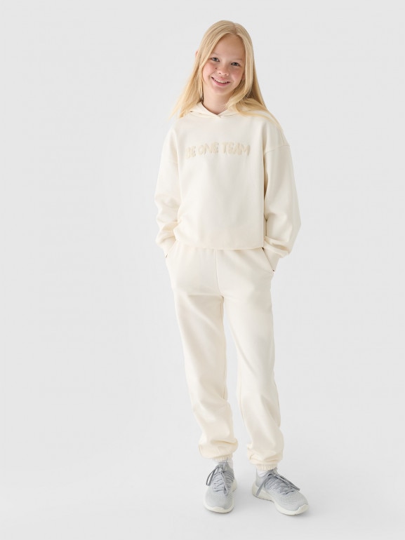 Dziewczęca bluza dresowa nierozpinana z kapturem 4F  4FJRAW24TSWSF1790 - beżowa