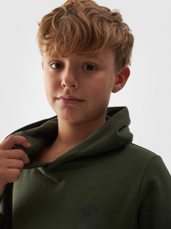 Chłopięca bluza dresowa nierozpinana z kapturem 4F 4FJWMM00TSWSM1292 - khaki