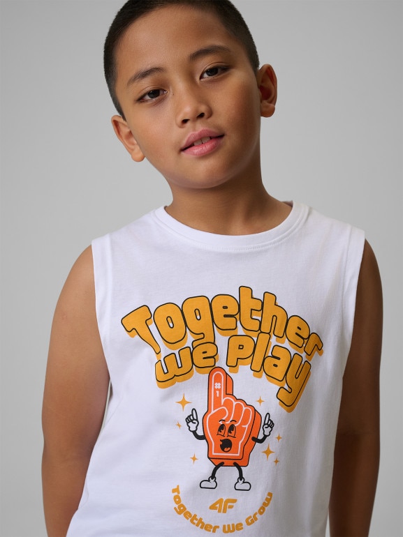 Chłopięca koszulka bez rękawów z nadrukiem 4F 4FJWSS26TSLEM295 - biała