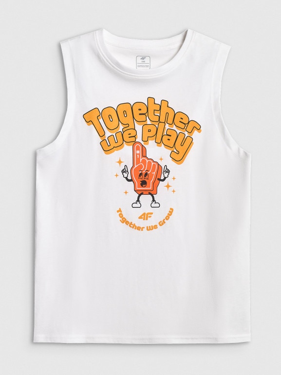 Chłopięca koszulka bez rękawów z nadrukiem 4F 4FJWSS26TSLEM295 - biała