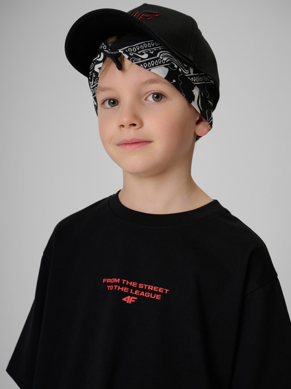 Chłopięca koszulka z nadrukiem 4F 4FJRSS26TTSHM3835 - czarna