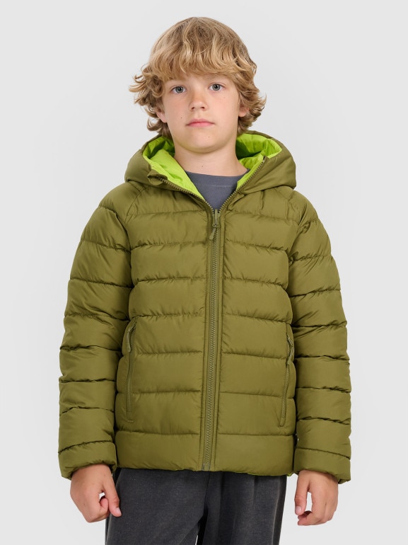 Chłopięca kurtka puchowa pikowana dwustronna 4F 4FJRAW25TDJAM0790 - oliwkowa