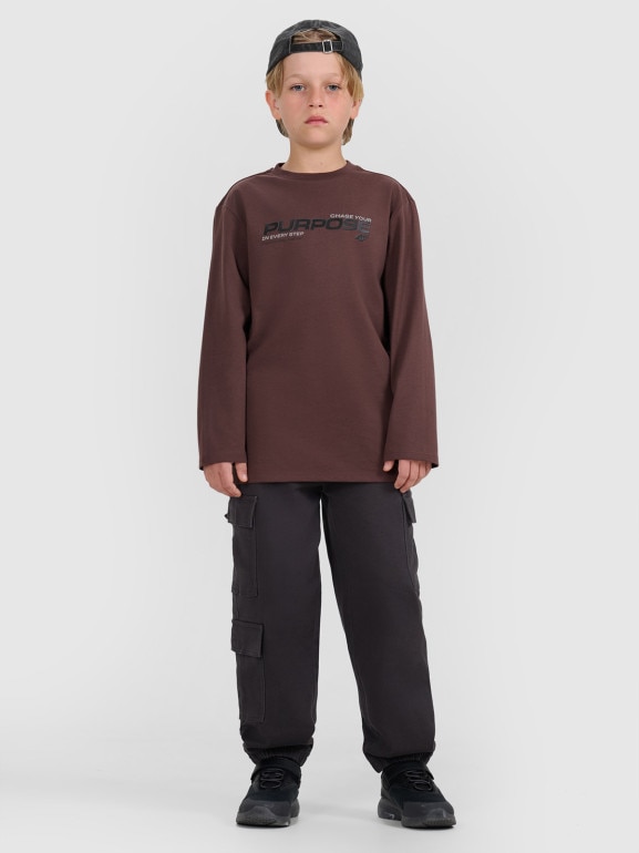 Chłopięcy longsleeve z nadrukiem 4F 4FJRAW25TLONM585 - brązowy