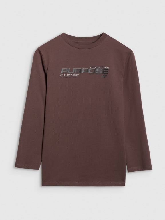 Chłopięcy longsleeve z nadrukiem 4F 4FJRAW25TLONM585 - brązowy