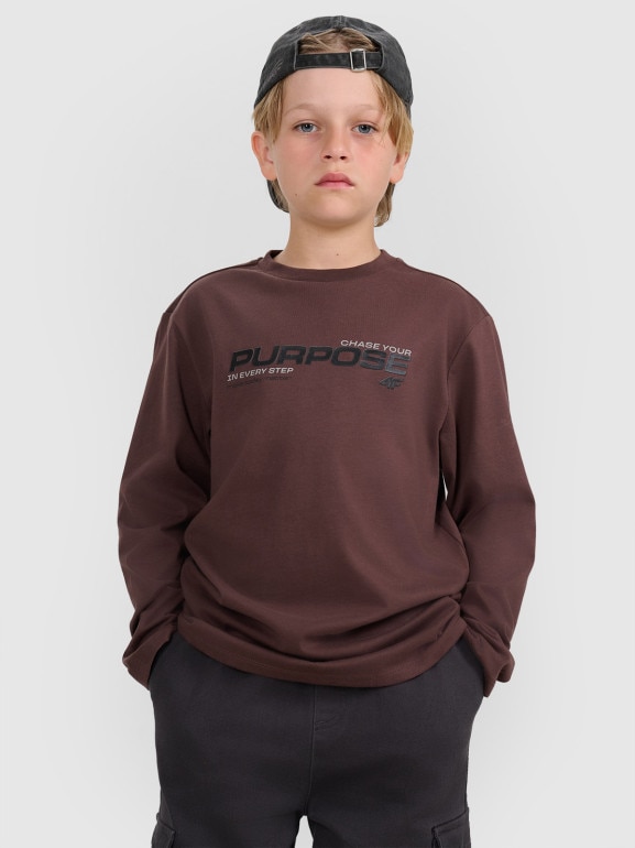 Chłopięcy longsleeve z nadrukiem 4F 4FJRAW25TLONM585 - brązowy