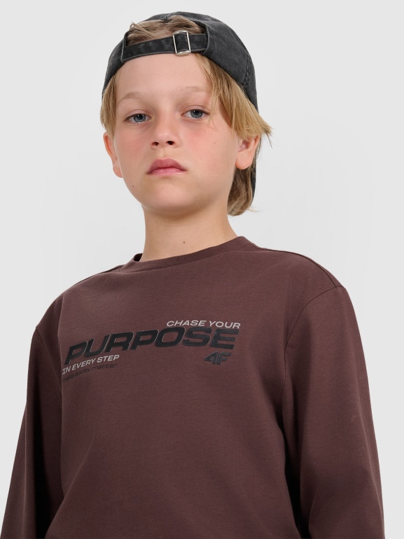 Chłopięcy longsleeve z nadrukiem 4F 4FJRAW25TLONM585 - brązowy
