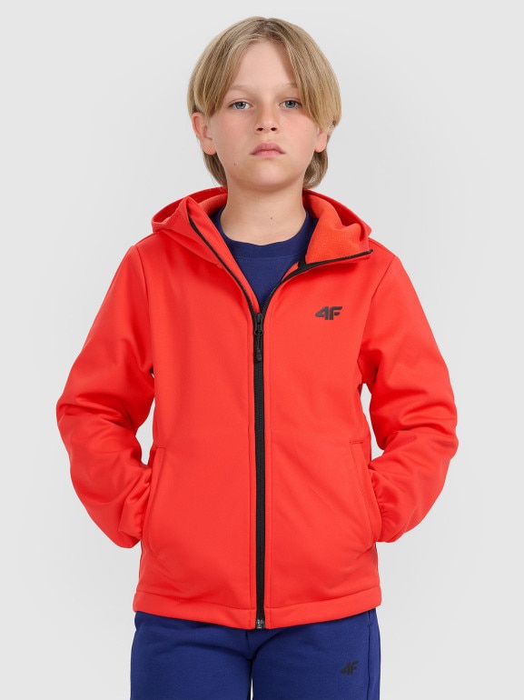 Chłopięcy softshell rozpinany z kapturem 4F 4FJRAW25TSOFM516 - czerwony