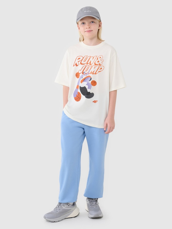 Chłopięcy t-shirt oversize z nadrukiem 4F 4FJASAW24TTSHM2596 - biały