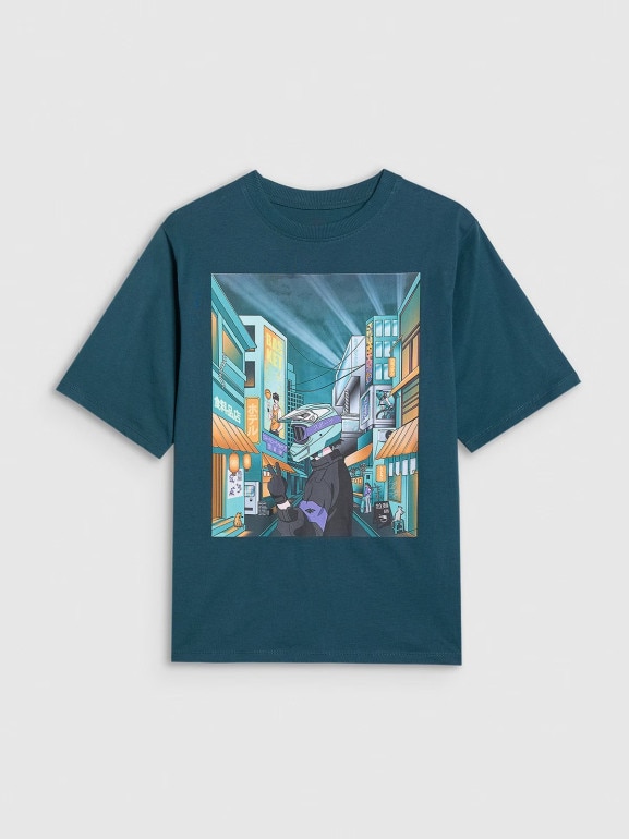 Chłopięcy t-shirt z nadrukiem 4F 4FJRAW25TTSHM3061 - turkusowy