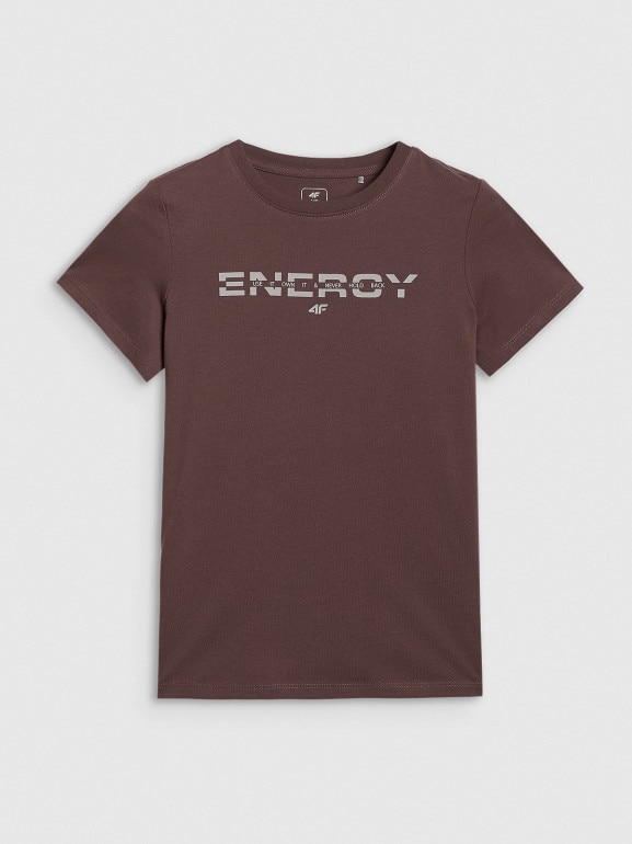 Chłopięcy t-shirt z nadrukiem 4F 4FJRAW25TTSHM3167 - brązowy