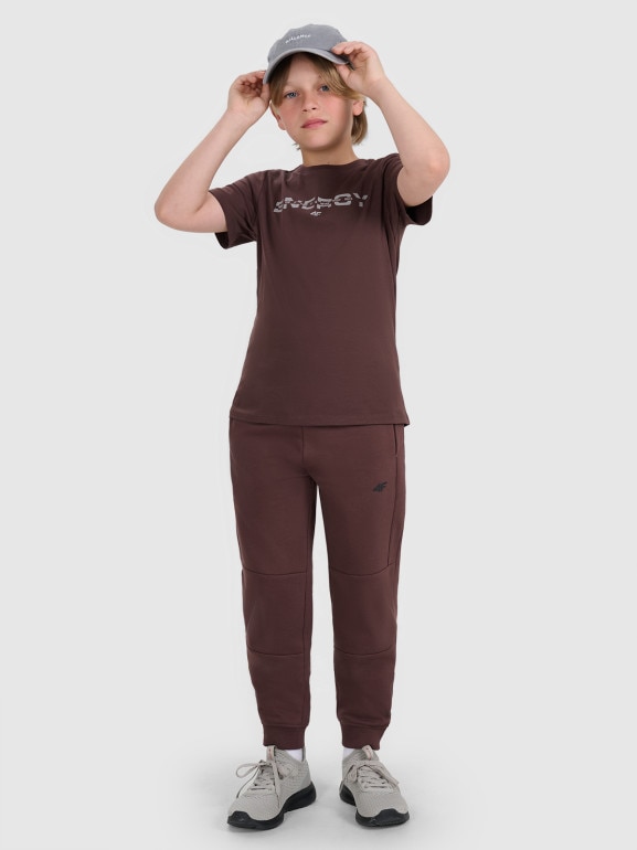Chłopięcy t-shirt z nadrukiem 4F 4FJRAW25TTSHM3167 - brązowy