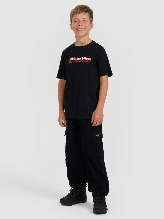 Chłopięcy t-shirt z nadrukiem 4F 4FJRAW25TTSHM3168 - czarny