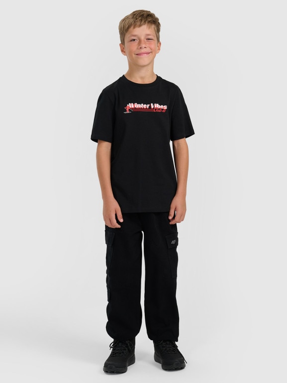 Chłopięcy t-shirt z nadrukiem 4F 4FJRAW25TTSHM3168 - czarny
