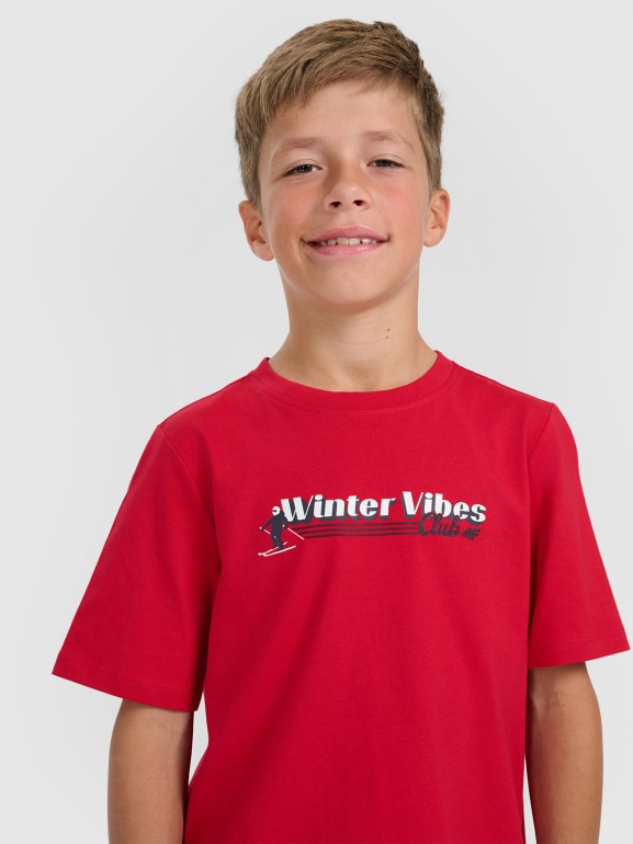 Chłopięcy t-shirt z nadrukiem 4F 4FJRAW25TTSHM3168 - czerwony