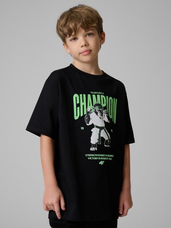 Chłopięcy t-shirt z nadrukiem 4F 4FJRSS26TTSHM3831 - czarny