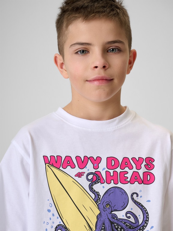 Chłopięcy t-shirt z nadrukiem 4F 4FJRSS26TTSHM3904 - biały