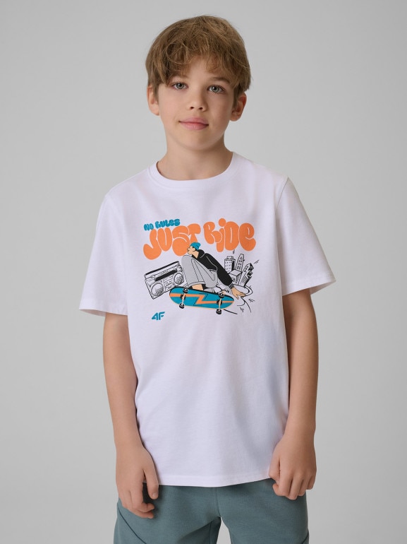 Chłopięcy t-shirt z nadrukiem 4F 4FJRSS26TTSHM4171 - biały