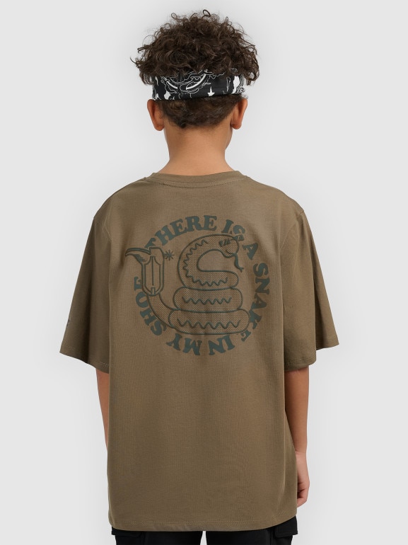 Chłopięcy t-shirt z nadrukiem 4F 4FJWSS26TTSHM2813 - khaki