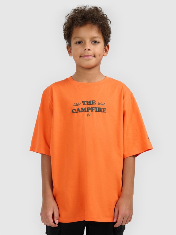 Chłopięcy t-shirt z nadrukiem 4F 4FJWSS26TTSHM2813 - pomarańczowy