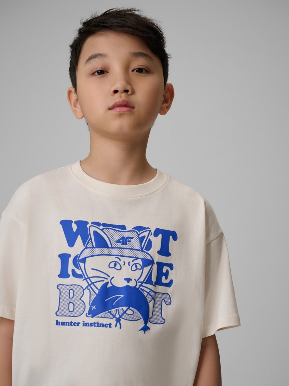Chłopięcy t-shirt z nadrukiem 4F 4FJWSS26TTSHM2814 - biały