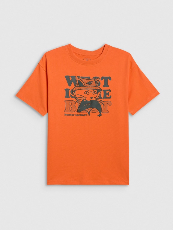 Chłopięcy t-shirt z nadrukiem 4F 4FJWSS26TTSHM2814 - pomarańczowy