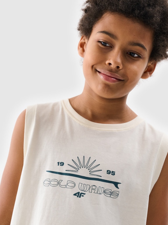 Chłopięcy top tank z nadrukiem 4F 4FJWSS25TSLEM163 - biały