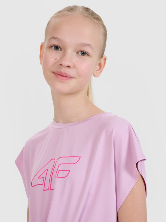 Dziewczęcy crop top sportowy z nadrukiem 4F 4FJWSS25TFTSF1184 - różowy