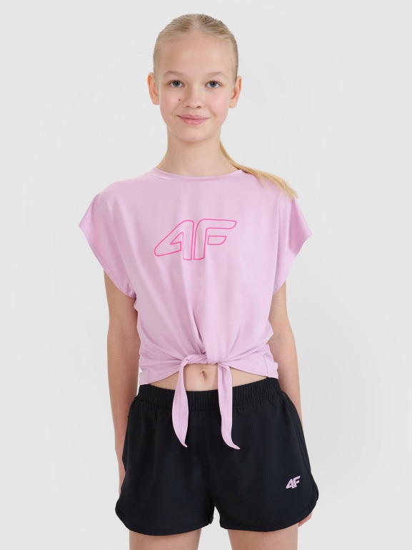 Dziewczęcy crop top sportowy z nadrukiem 4F 4FJWSS25TFTSF1184 - różowy