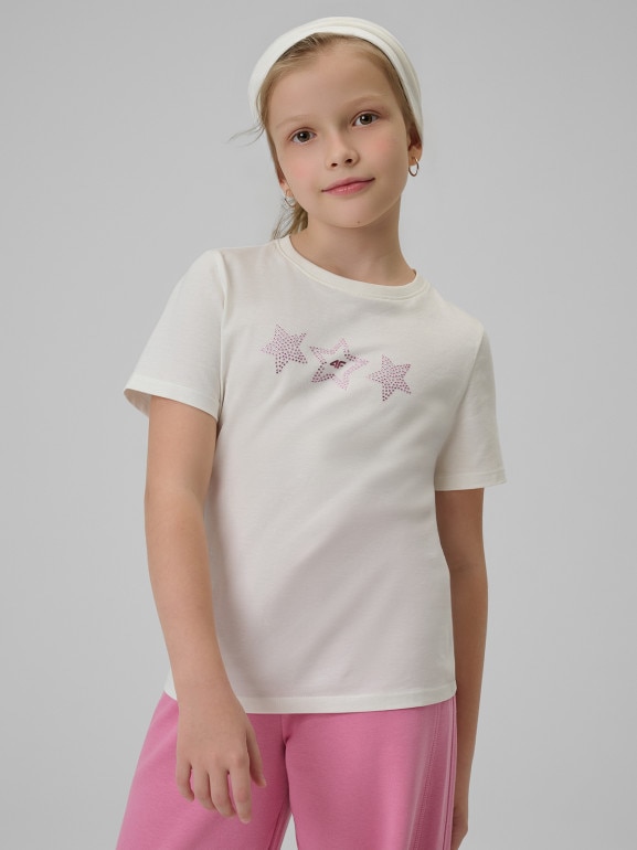 Dziewczęcy t-shirt z nadrukiem 4F 4FJRSS26TTSHF3455 - biały