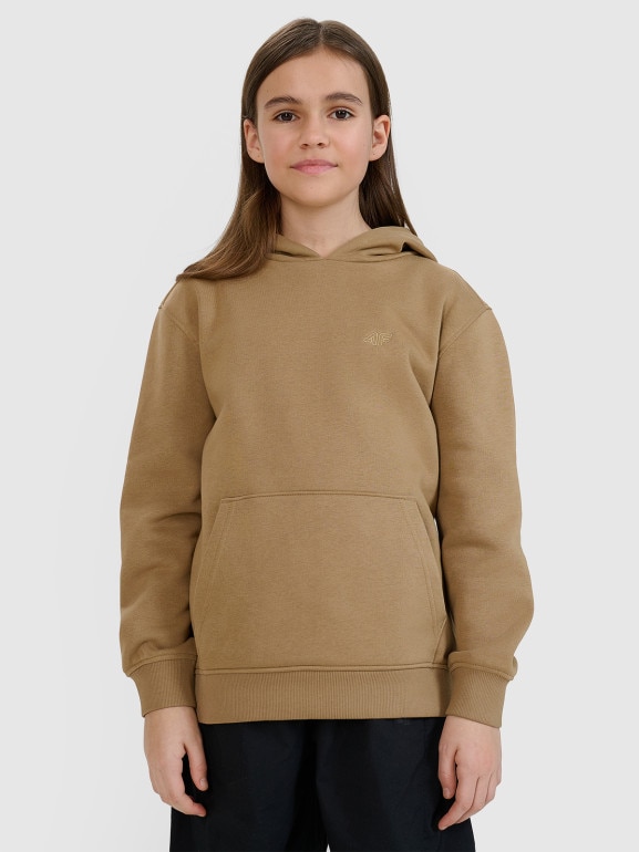 Dziewczęca bluza dresowa nierozpinana z kapturem 4F 4FJRAW24TSWSF1831 - beżowa