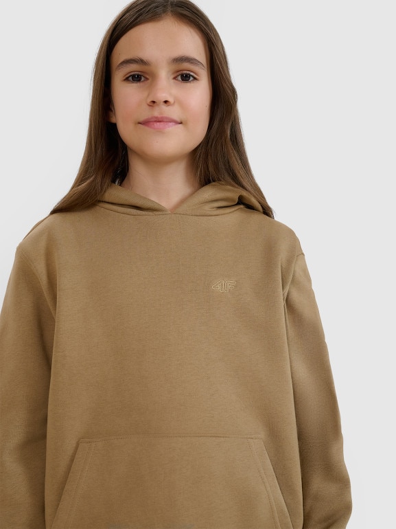 Dziewczęca bluza dresowa nierozpinana z kapturem 4F 4FJRAW24TSWSF1831 - beżowa