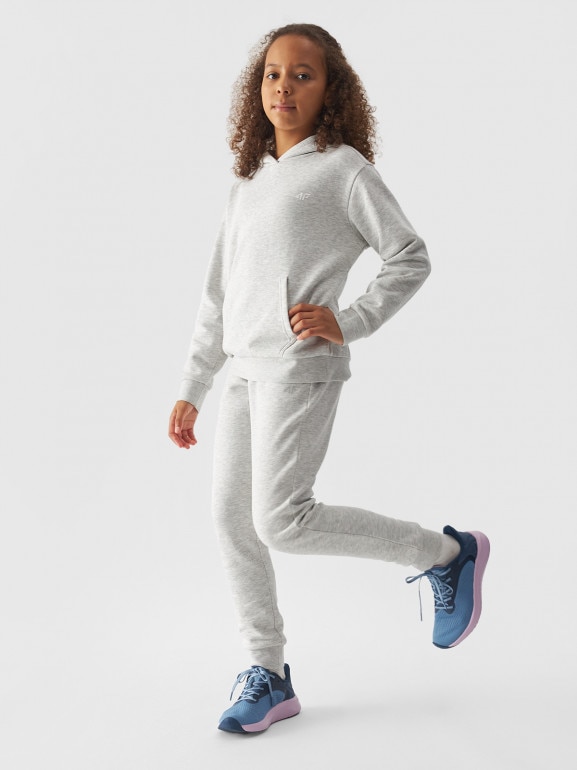 Dziewczęca bluza dresowa nierozpinana z kapturem 4F 4FJWMM00TSWSF1316 - szara