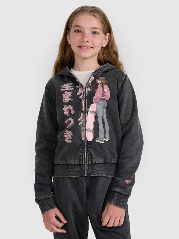 Dziewczęca bluza dresowa rozpinana z kapturem 4F 4FJRAW25TSWSF2292 - szara