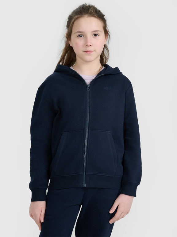 Dziewczęca bluza dresowa rozpinana z kapturem 4F 4FJWMM00TSWSF1861 - granatowa