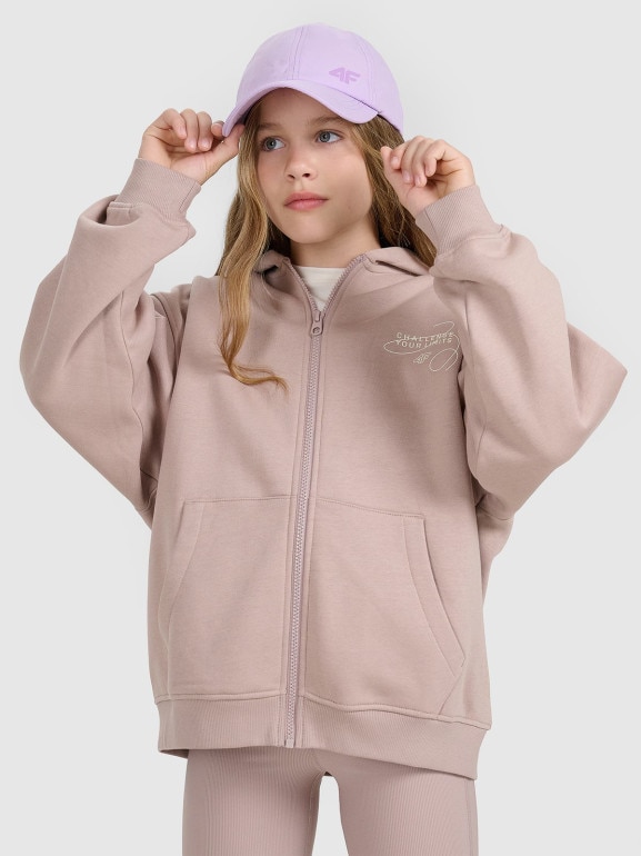 Dziewczęca bluza rozpinana z kapturem 4F 4FJWAW25TSWSF1941 - beżowa
