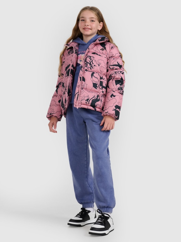 Dziewczęca kurtka pikowana z kapturem 4F 4FJRAW25TDJAF0748 - rożowa