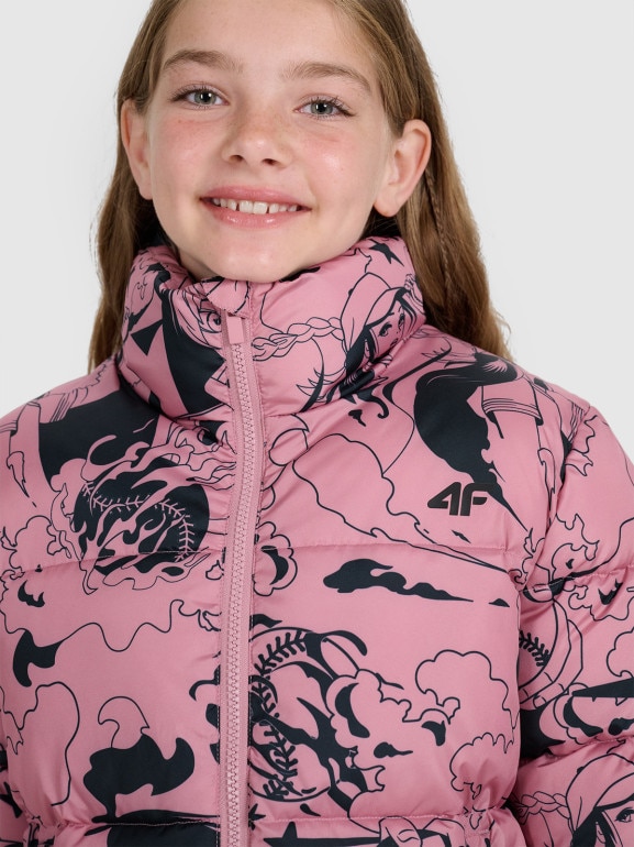 Dziewczęca kurtka pikowana z kapturem 4F 4FJRAW25TDJAF0748 - rożowa