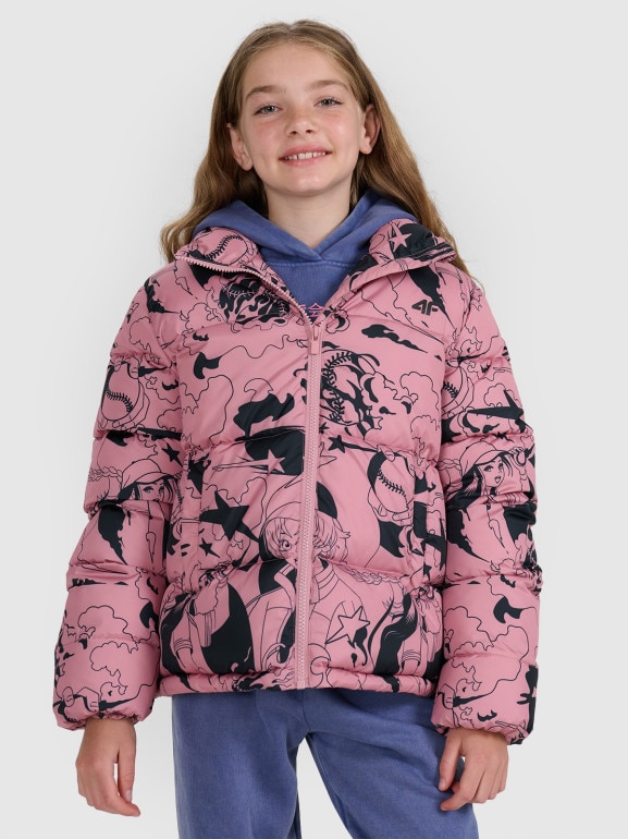 Dziewczęca kurtka pikowana z kapturem 4F 4FJRAW25TDJAF0748 - rożowa