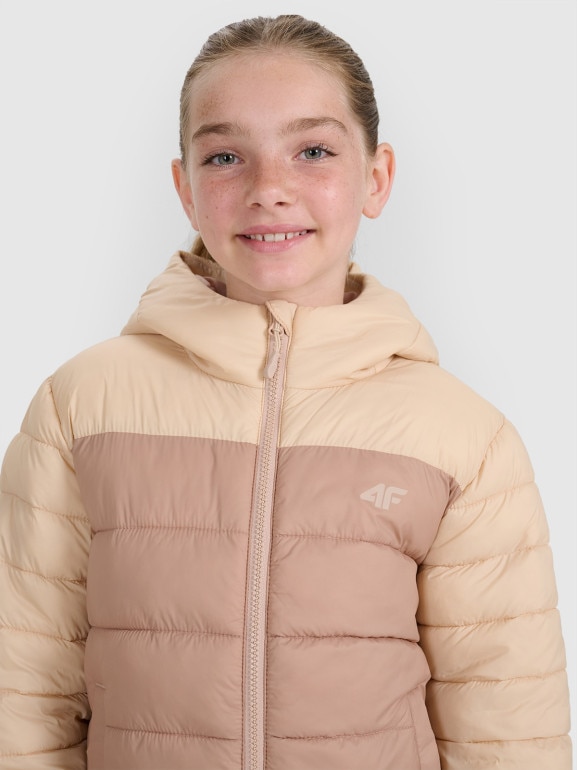 Dziewczęca kurtka puchowa pikowana 4F 4FJRAW25TDJAF0771 - beżowa