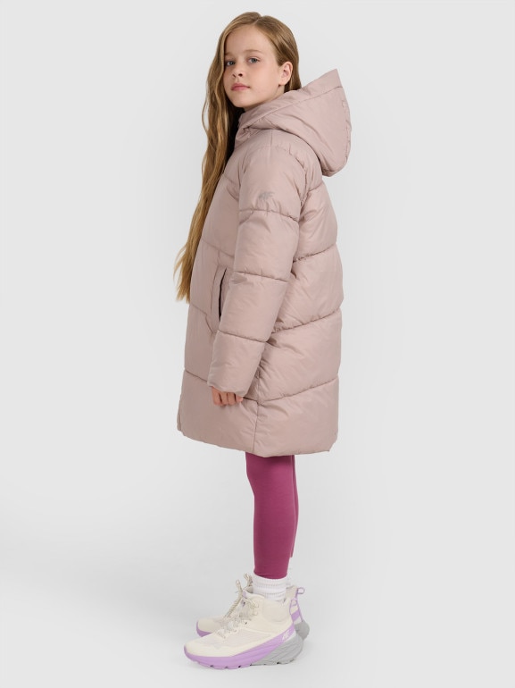 Dziewczęcy płaszcz puchowy pikowany 4F 4FJRAW25TDJAF0808 - beżowy