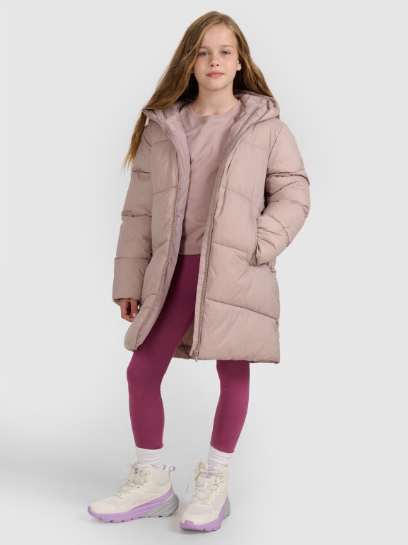 Dziewczęcy płaszcz puchowy pikowany 4F 4FJRAW25TDJAF0808 - beżowy