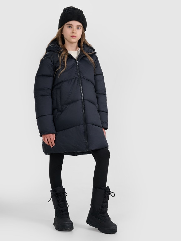 Dziewczęcy płaszcz puchowy pikowany 4F 4FJRAW25TDJAF0808 - czarny