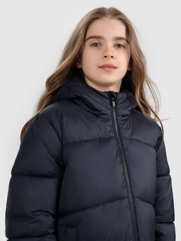 Dziewczęcy płaszcz puchowy pikowany 4F 4FJRAW25TDJAF0808 - czarny