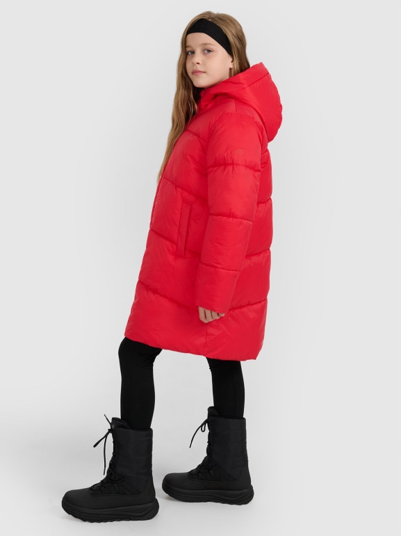 Dziewczęcy płaszcz puchowy pikowany 4F 4FJRAW25TDJAF0808 - czerwony