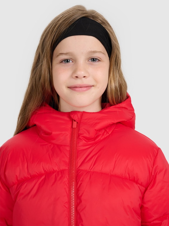 Dziewczęcy płaszcz puchowy pikowany 4F 4FJRAW25TDJAF0808 - czerwony
