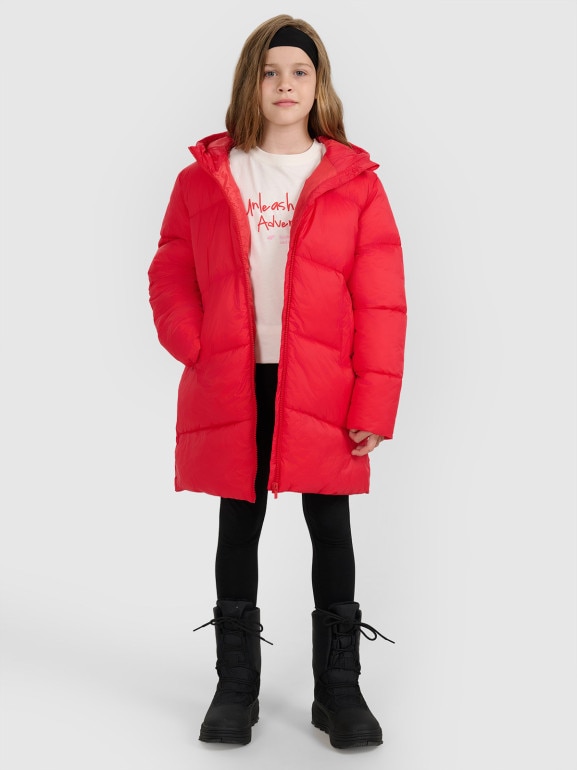 Dziewczęcy płaszcz puchowy pikowany 4F 4FJRAW25TDJAF0808 - czerwony