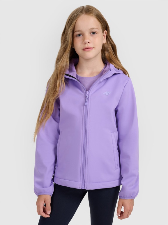 Dziewczęcy softshell rozpinany z kapturem 4F 4FJRAW25TSOFF515 - fioletowy