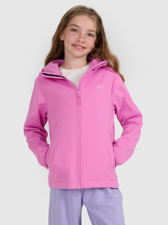 Dziewczęcy softshell rozpinany z kapturem 4F 4FJRAW25TSOFF515 - różowy